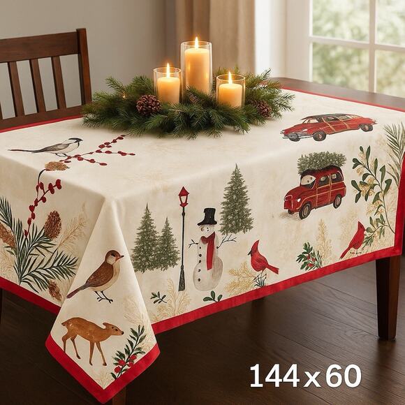 Better Homes & Gardens Christmas Scene Tablecloth 144x60 Red Border Winter Woods - Picture 1 of 9
